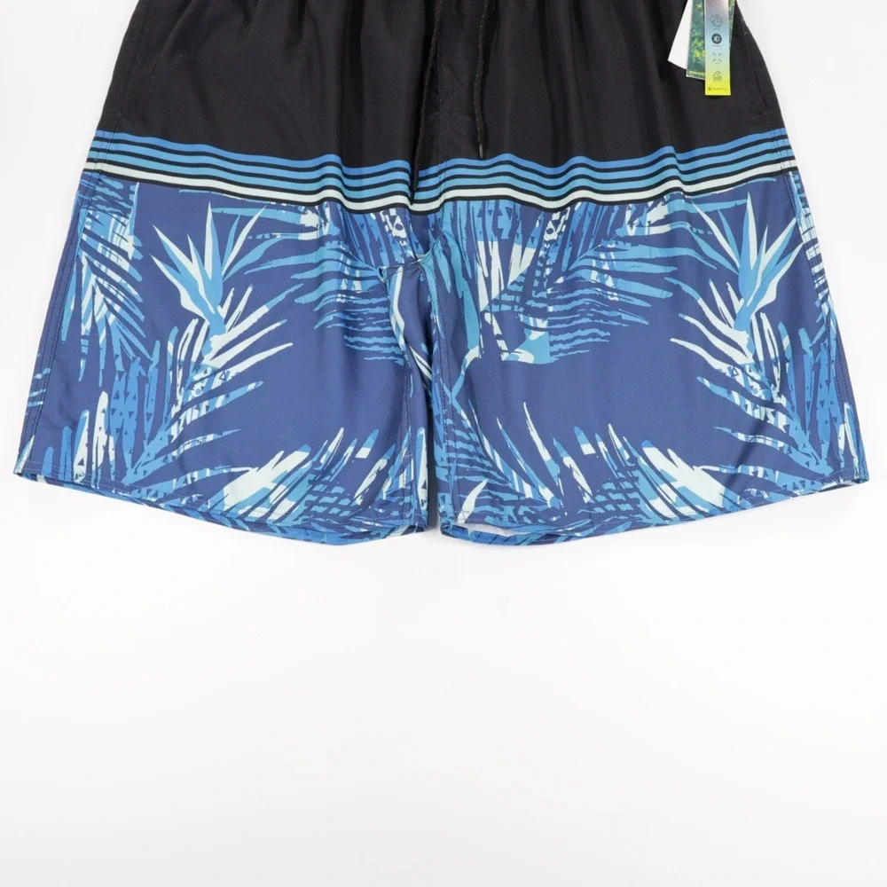 Burnside Mens‎ Pocket Quick Dry Tropical Print Swim Trunks Shorts Black/Blue XL